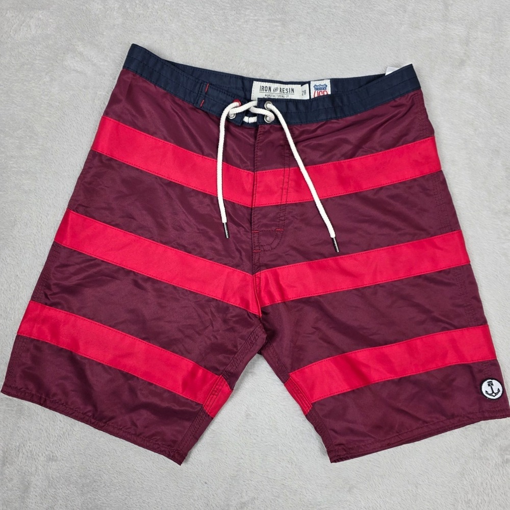 VINTAGE Iron and Resin Board Shorts Mens 28 Handmade USA Red Stripe Swim Surf‎